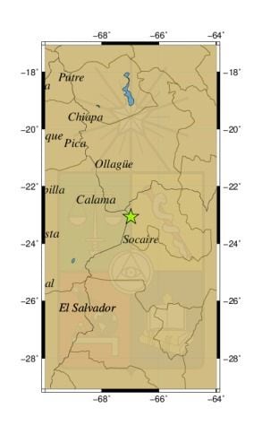 Referencia geográfica del sismo a 110 km al NE de Socaire.