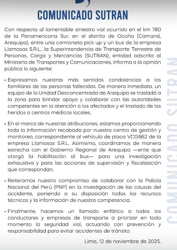Sutran se pronuncia tras accidente en Arequipa