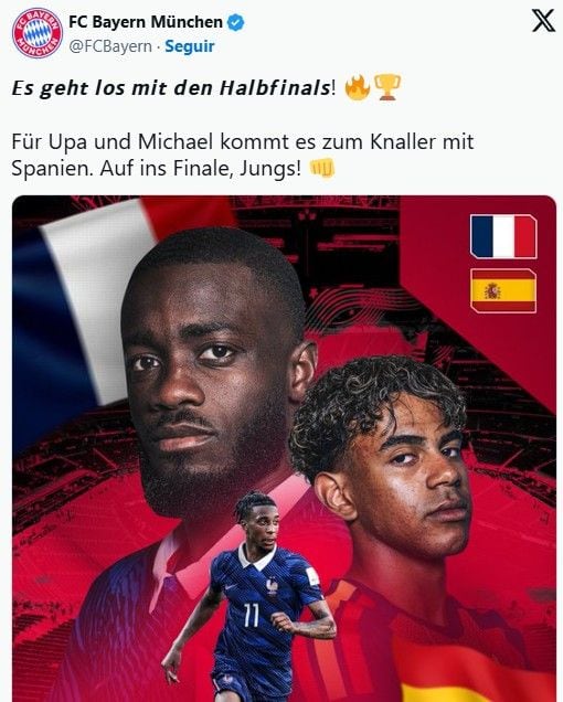 La cuenta del Bayern Munich destaca el duelo de sus futbolistas franceses en la semifinal de la Copa del Mundo. Upamecano y Olise en la portada junto a Yamal, figura de la selección española.