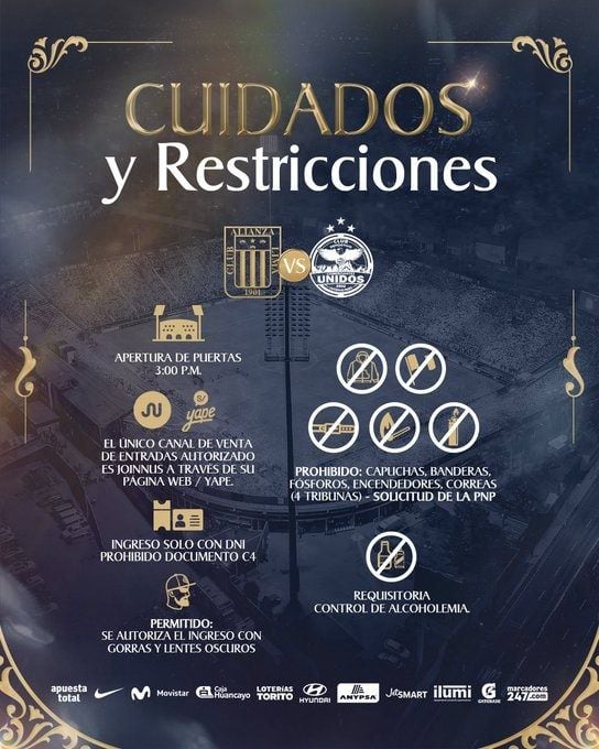 Mira las restricciones para el duelo de hoy en el estadio Alejandro Villanueva.