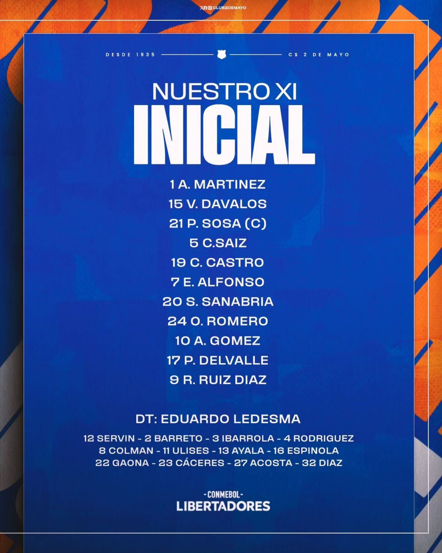 Esta es la alineación de 2 De Mayo para el partido de hoy: Martínez, Dávalos, Sosa, Saiz, Castro, Alfonso, Sanabria, Romero, Gómez, Delvalle, Ruiz Díaz.