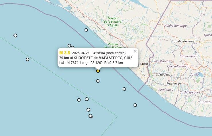 Referencia geográfica del sismo a 79 km al SUROESTE de MAPASTEPEC.