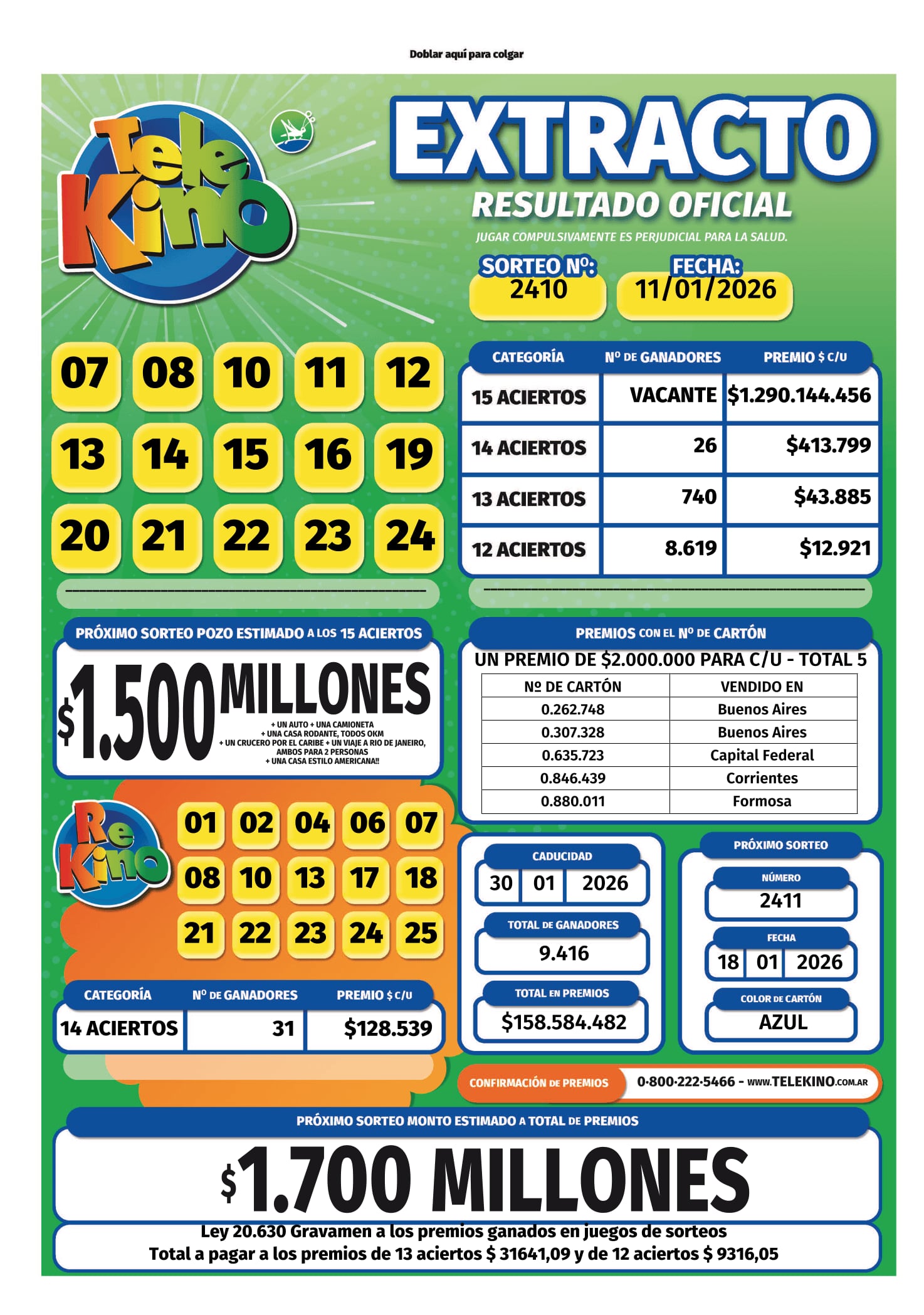 Revisa aquí el extracto y resultados de Telekino, sorteo 2410.