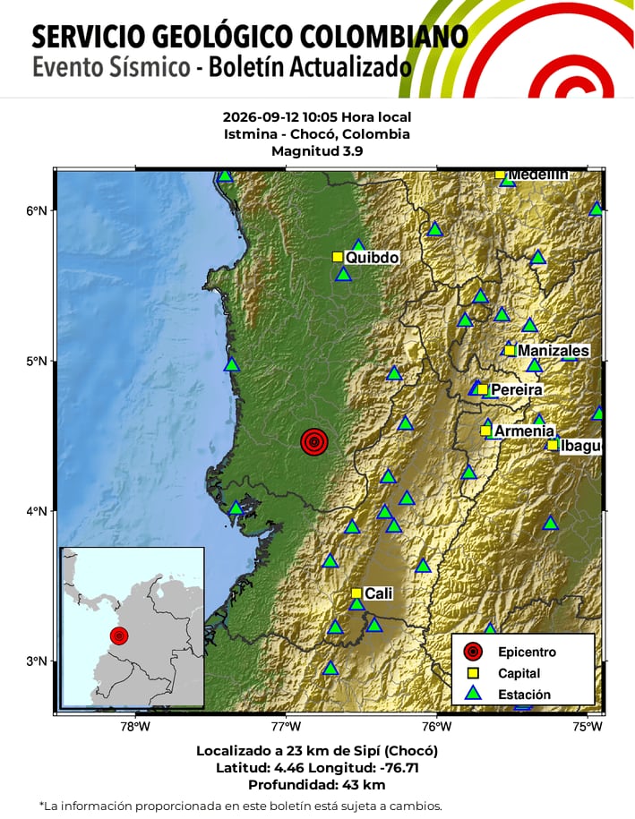 Información del sismo en Istmina - Chocó ocurrido a las 10:05 hora local.