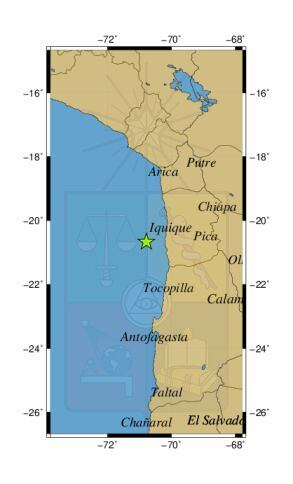 Referencia geogràfica del sismo a 62 km al O de Patache.