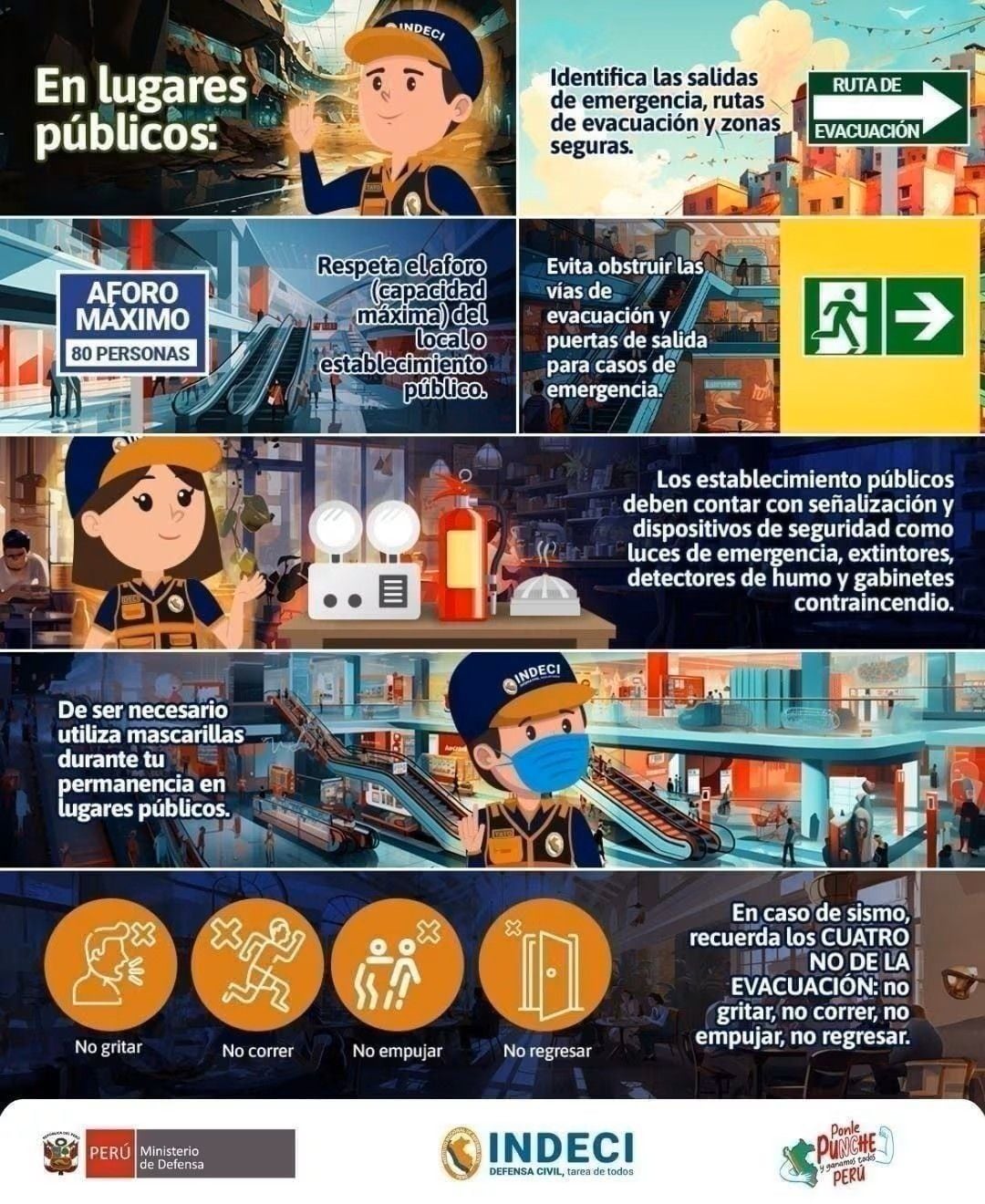 Identifica rutas de evacuación, respeta el aforo, evita bloquear salidas y reconoce los dispositivos de seguridad.