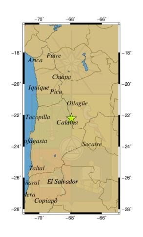 Referencia geográfica del sismo a 83 km al N de San Pedro de Atacama.