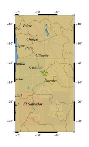 Referencia geográfica del sismo a 79 km al NE de Socaire.
