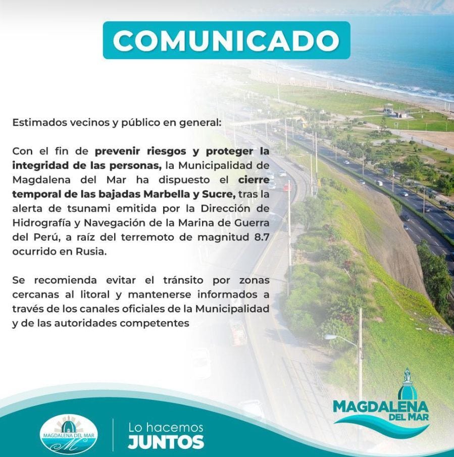 La Municipalidad de Magdalena del Mar informó que dispuso el cierre temporal de las bajadas Marbella y Sucre , tras la alerta de tsunami emitida por la Marina de Guerra del Perú, después del terremoto que azotó Rusia.
