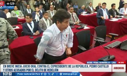 El expresidente Pedro Castillo ingresa a la sala de audiencias del penal de Barbadillo | Captura Justicia TV