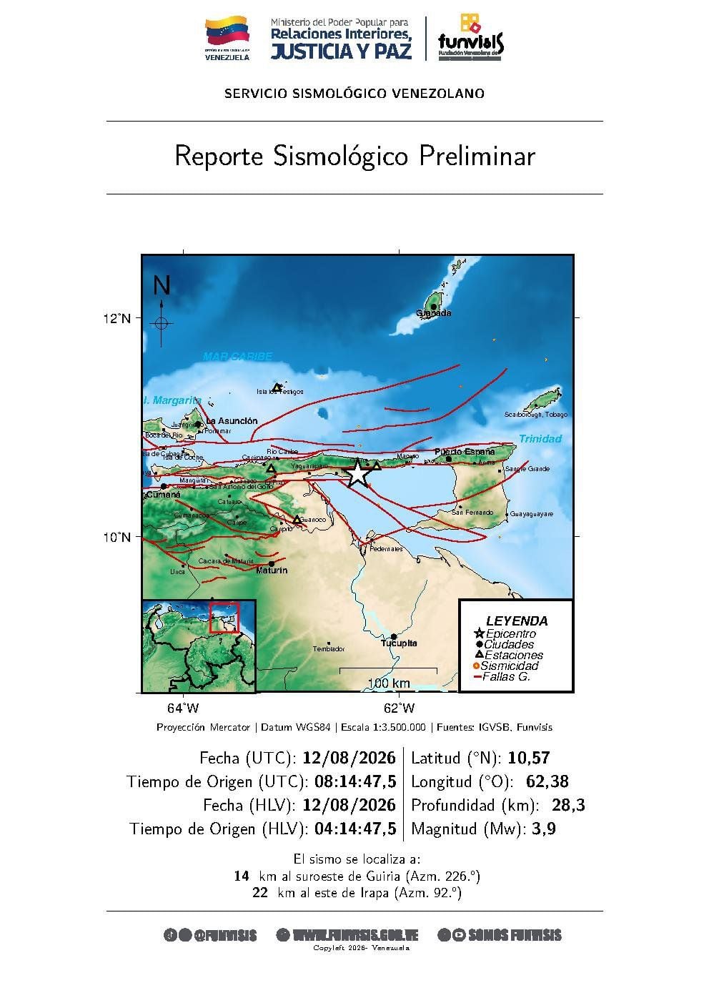 Sismo a 14 km al suroeste de Guiria