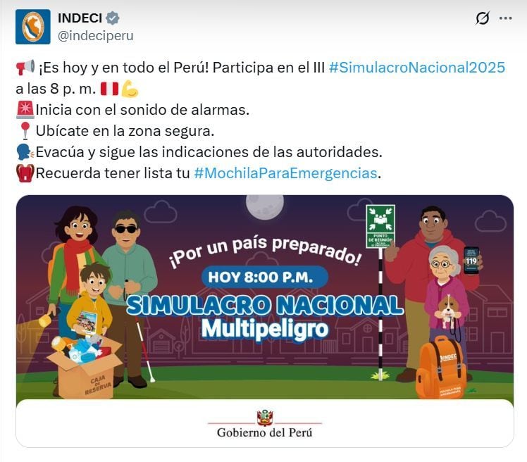 Indeci recuerda a la ciudadanía que el simulacro nacional multipeligro será esta noche a las 8 p.m.