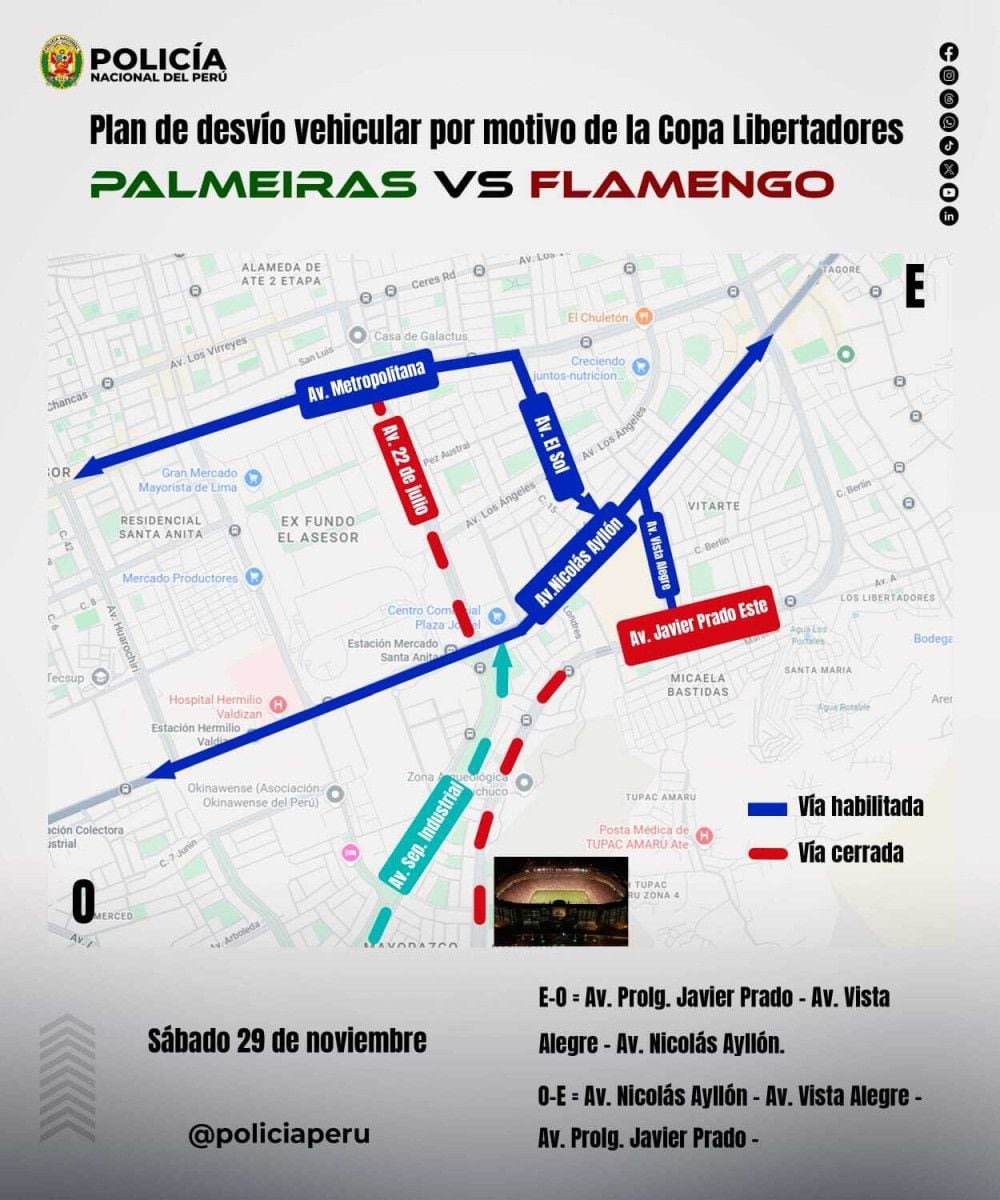 ¡OJO AL DATO! PLAN DE DESVÍO DE LA PNP PARA EL PARTIDO
