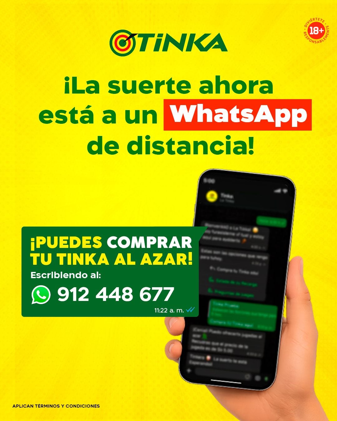 Puedes realizar tus jugadas al azar de La Tinka , mediante WhatsApp .