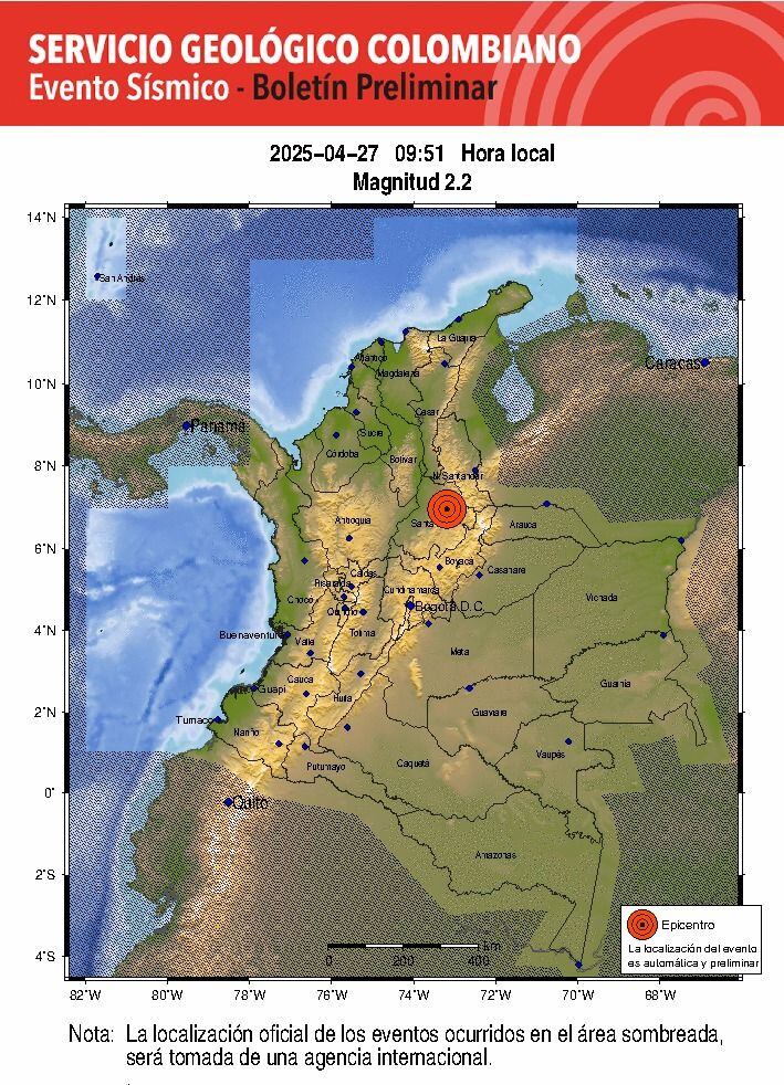 Resumen del sismo en Girón - Santander ocurrido a las 9:51 hora local.