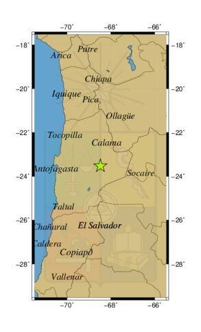 Referencia geográfica del sismo a 60 km al O de Socaire.