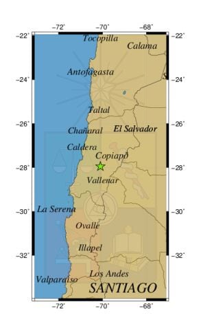 Referencia geográfica del sismo a 69 km al S de Copiapó.