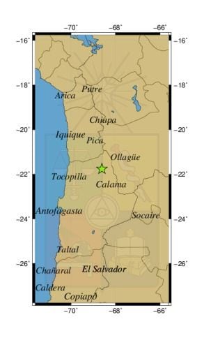 Referencia geográfica del sismo a 70 km al SO de Ollagüe.