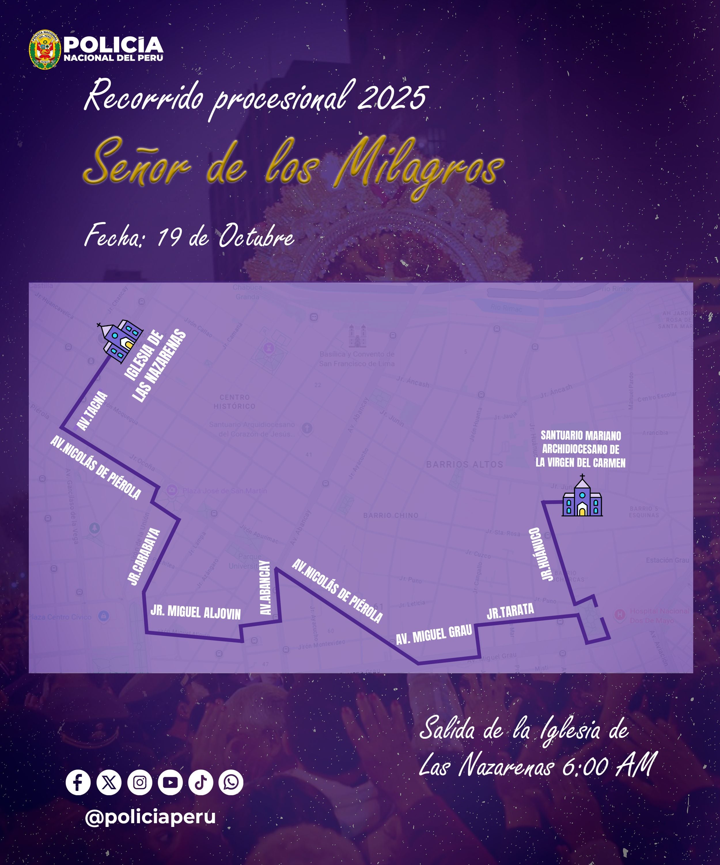 El anda procesional que transporta la emblemática imagen del Señor de Los Milagros sigue su tercer recorrido por las calles de Lima, en esta última etapa que lo retornará a la iglesia de Las Nazarenas en la avenida Tacna.