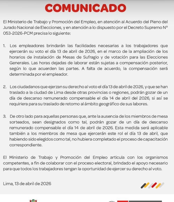 Comunicado del Ministerio de Trabajo sobre las elecciones programadas para hoy