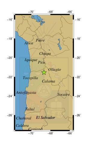 Referencia geográfica del sismo a 56 km al SO de Ollagüe.
