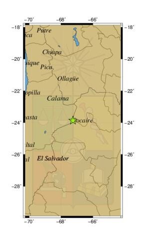 Rereferencia geográfica del sismo a 72 km al SE de Socaire.