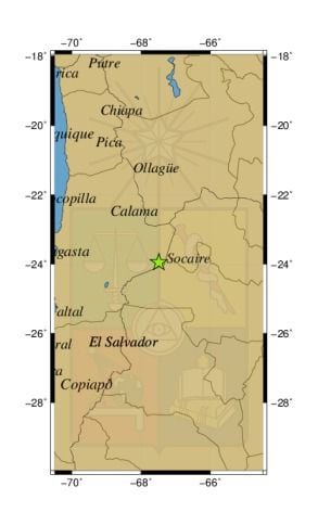 Referencia geográfica del sismo a 58 km al SE de Socaire.