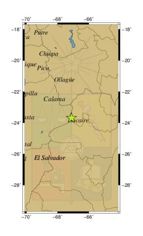 Referencia geográfica del sismo a 80 km al E de Socaire.
