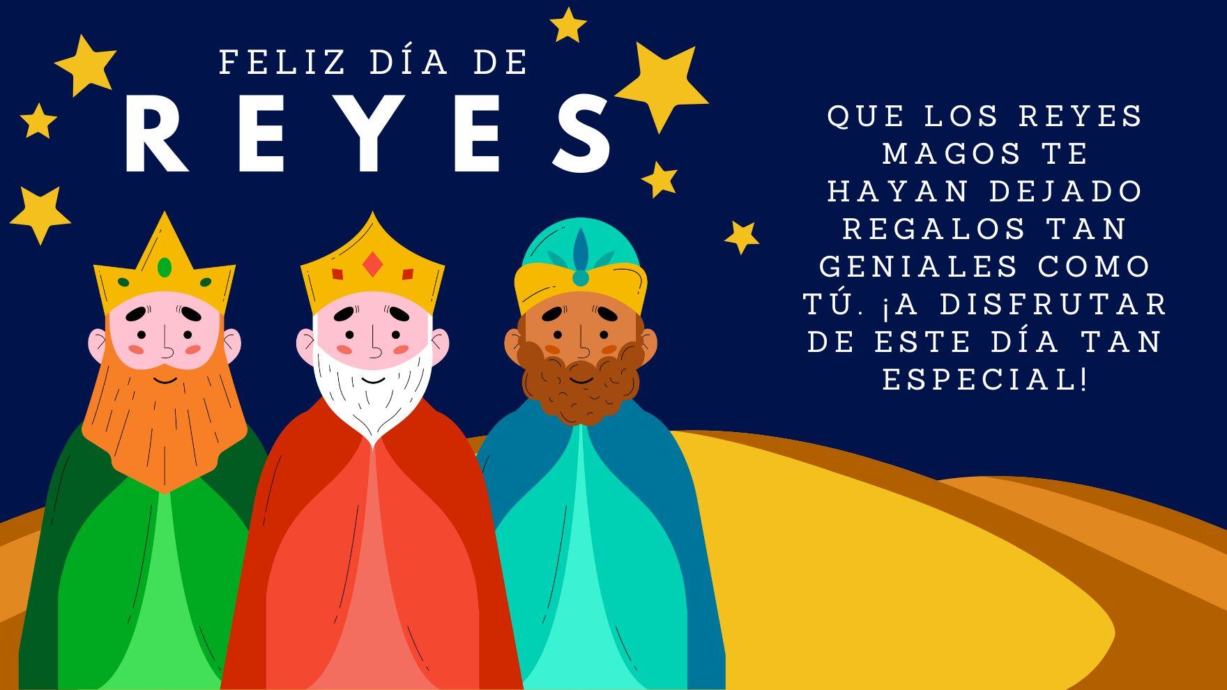 Comparte una de estas tarjetas originales para desearles a tus amigos y familiares un Feliz Día de Reyes Magos 2025 vía Facebook, Instagram, WhatsApp, TikTok, Telegram, Reddit, entre otras redes sociales. (Foto: Canva/Jairo Rúa)