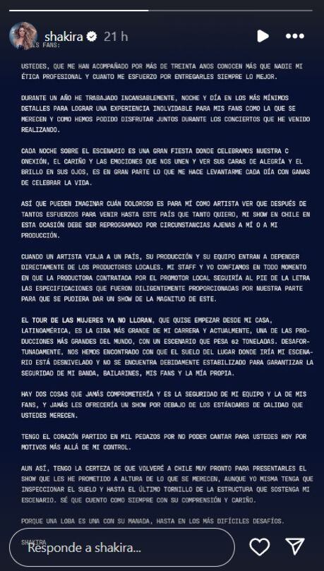 Shakira lanzó comunicado explicando el motivo de la suspensión de su concierto en Chile. (Foto: Captura de IG)