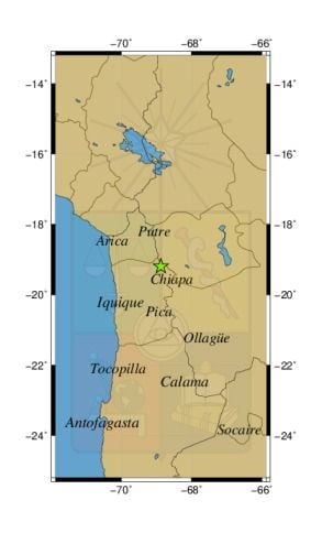 Referencia geográfica del sismo a 26 km al O de Colchane.