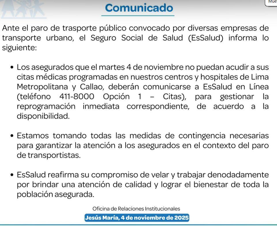 Citas médicas en Essalud podrán ser reprogramadas debido al paro de transportistas