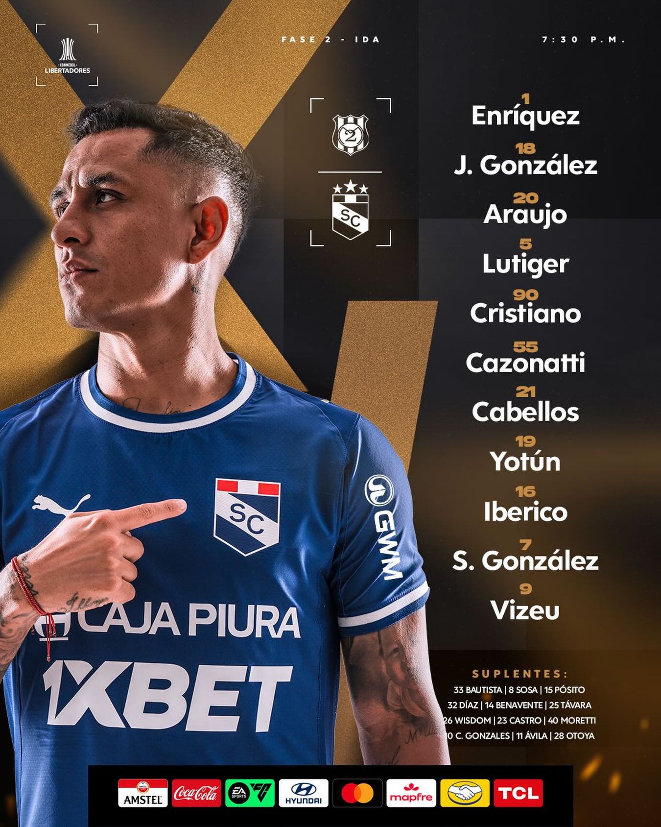 Esta será la alineación de Sporting Cristal para el encuentro de esta noche: Enríquez; J. González, Araujo, Lutiger, Da Silva; Cazonatti, Cabellos, Yotún; S. González, Iberico, Vizeu.