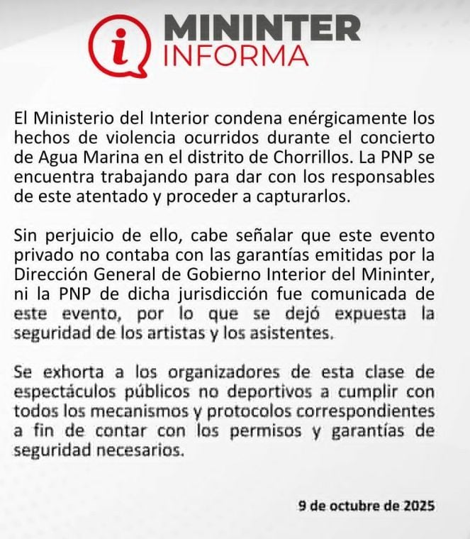 Ministerio del Interior: evento no contaba con las garantías emitidas por la Dirección General de Gobierno Interior ni la Policía