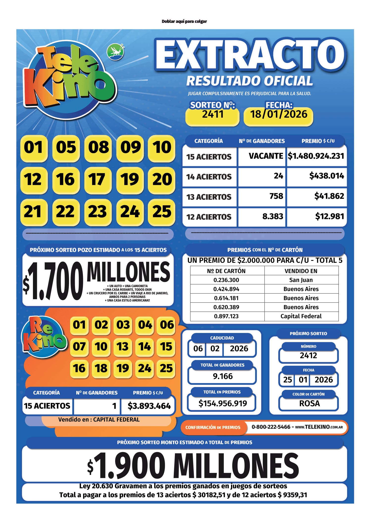 Revisa aquí el extracto y resultados de Telekino, sorteo 2411.