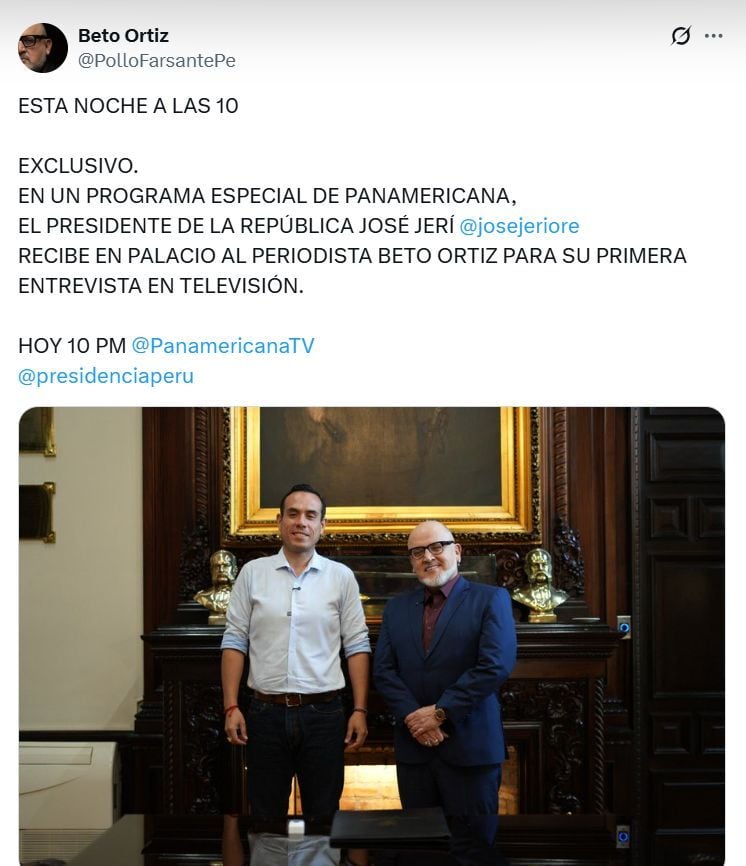 ÚLTIMO MINUTO: Beto Ortiz, conductor de 'El valor de la verdad', informó que esta noche, a las 10 p.m., se emitirá una entrevista exclusiva al presidente José Jerí.