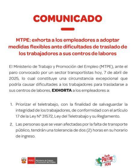 Ministerio de Trabajo brinda dos horas de tolerancia para el ingreso a centros de labores