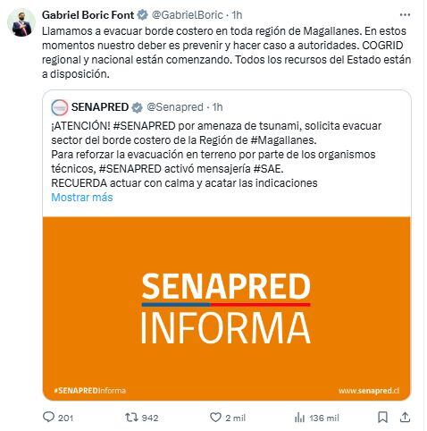 El mensaje en 'X' publicado por el presidente de Chile, Gabriel Boric