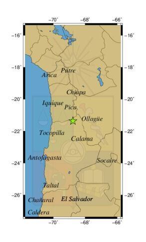Referencia geográfica del sismo a 56 km al O de Ollagüe.