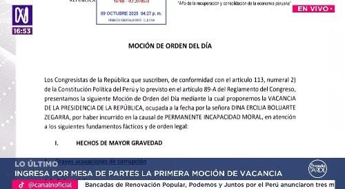 Se presentan primera moción de vacancia contra la presidenta Dina Boluarte por permanente incapacidad moral. El documento tiene 14 hojas.