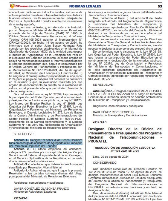 Juan Hermoza Ríos designado como agregado de la Embajada del Perú en Ecuador.