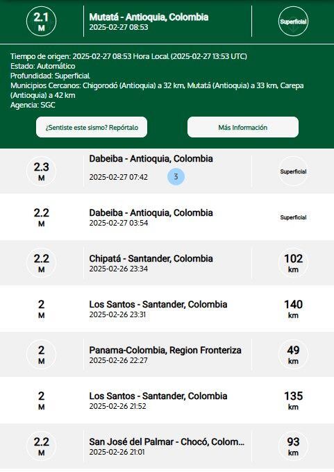 Reportes de los últimos sismos: