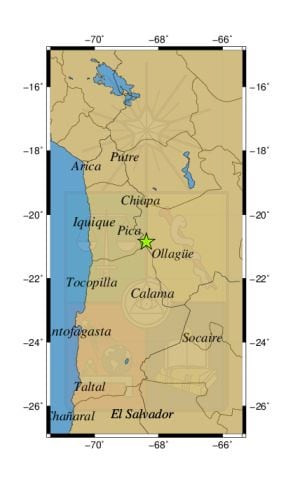 Referencia geográfica del sismo a 29 km al E de Mina Collahuasi.