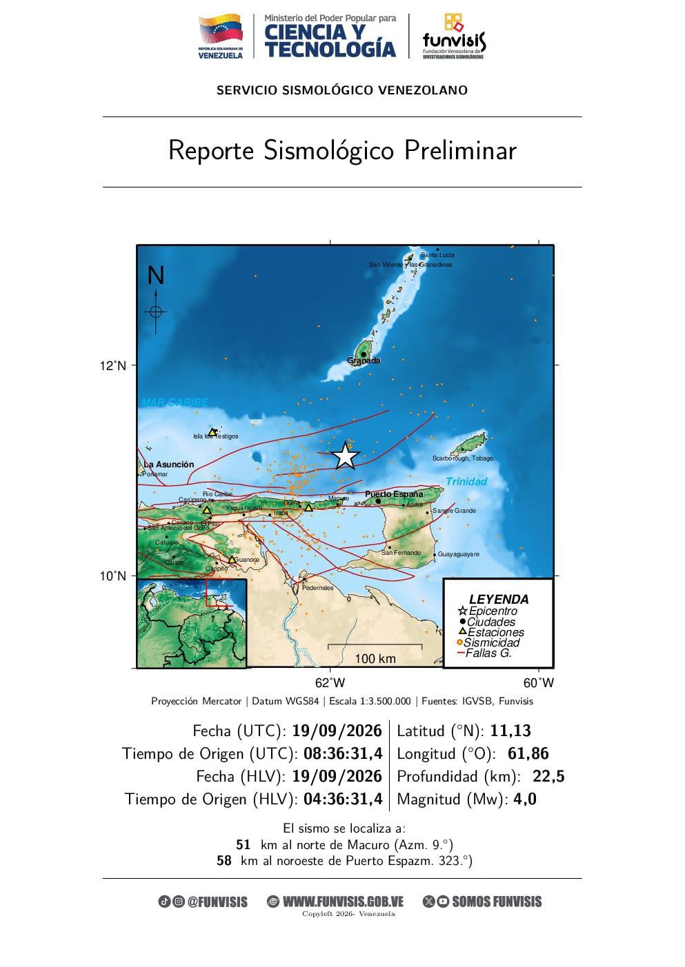 Sismo a 51 km al norte de Macuro