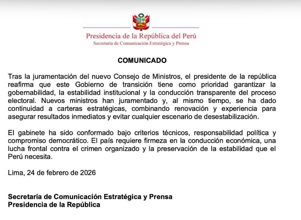 Comunicado de la Presidencia de la República tras la juramentación del Gabinete Ministerial