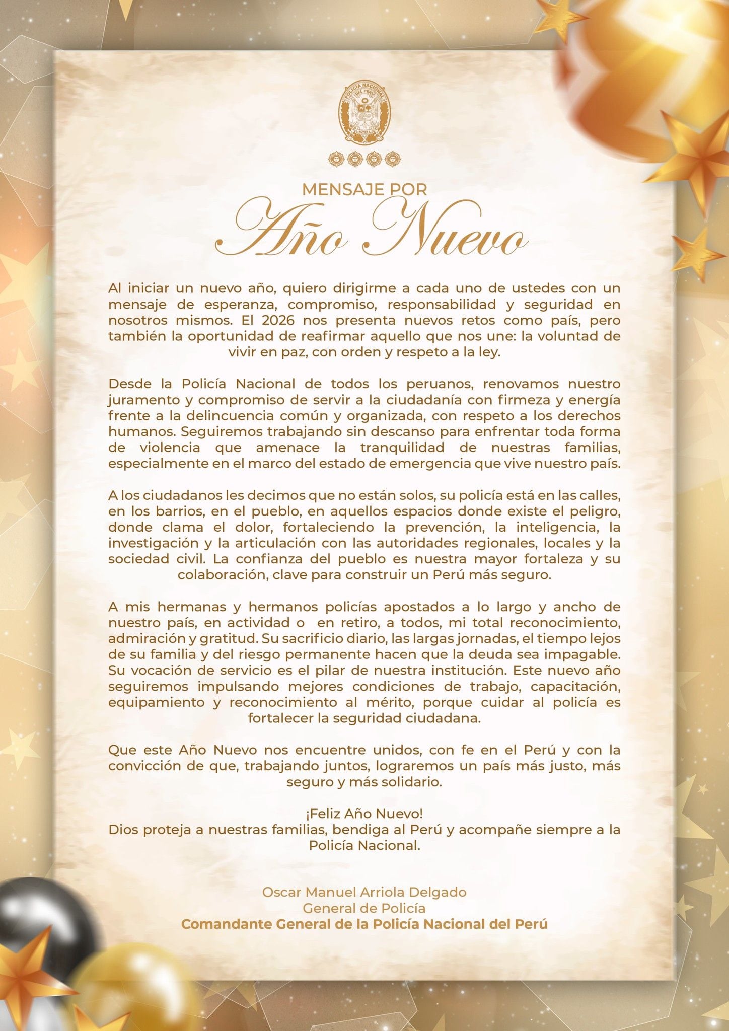 Mensaje por Año Nuevo del comandante general de la Policía Nacional del Perú, Óscar Arriola.