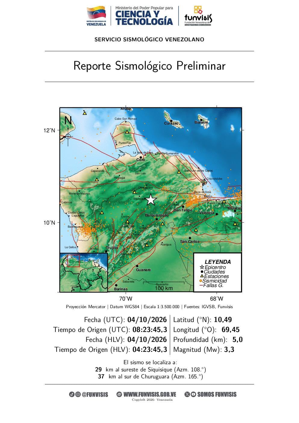 Sismo a 29 km al SE de Siquisique