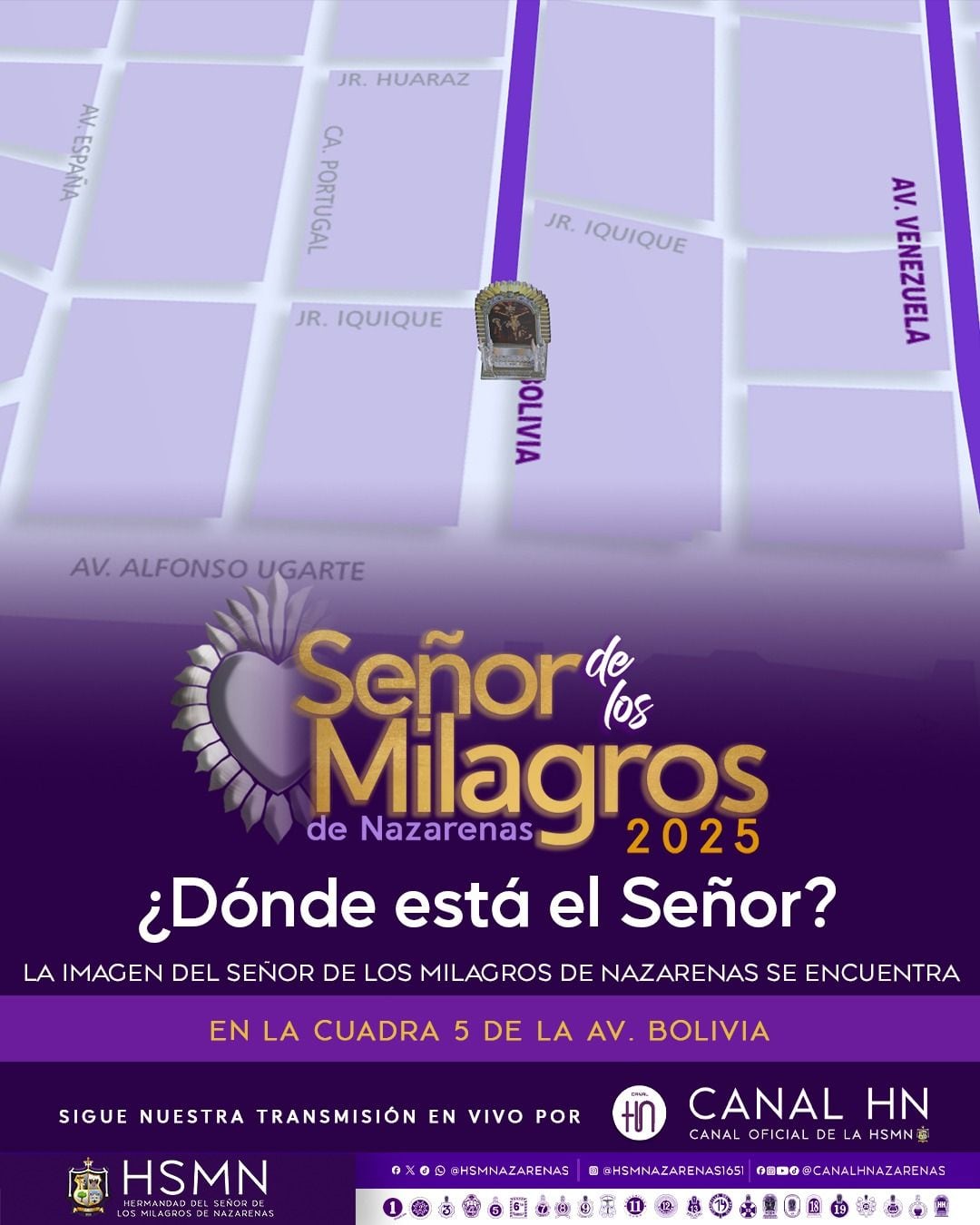 La procesión del Señor de Los Milagros se encuentran en la cuadra 5 de la avenida Bolivia .