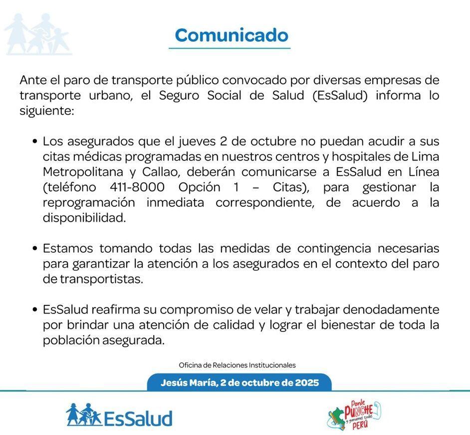 Essalud reprogramará citas para los pacientes que no puedan asistir hoy a sus consultas médicas por el paro de transportistas