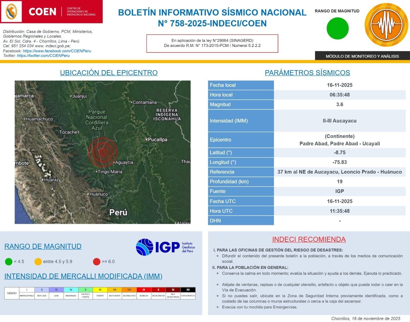 Sismo a 37 km al NE de Aucayacu, Leoncio Prado - Huánuco